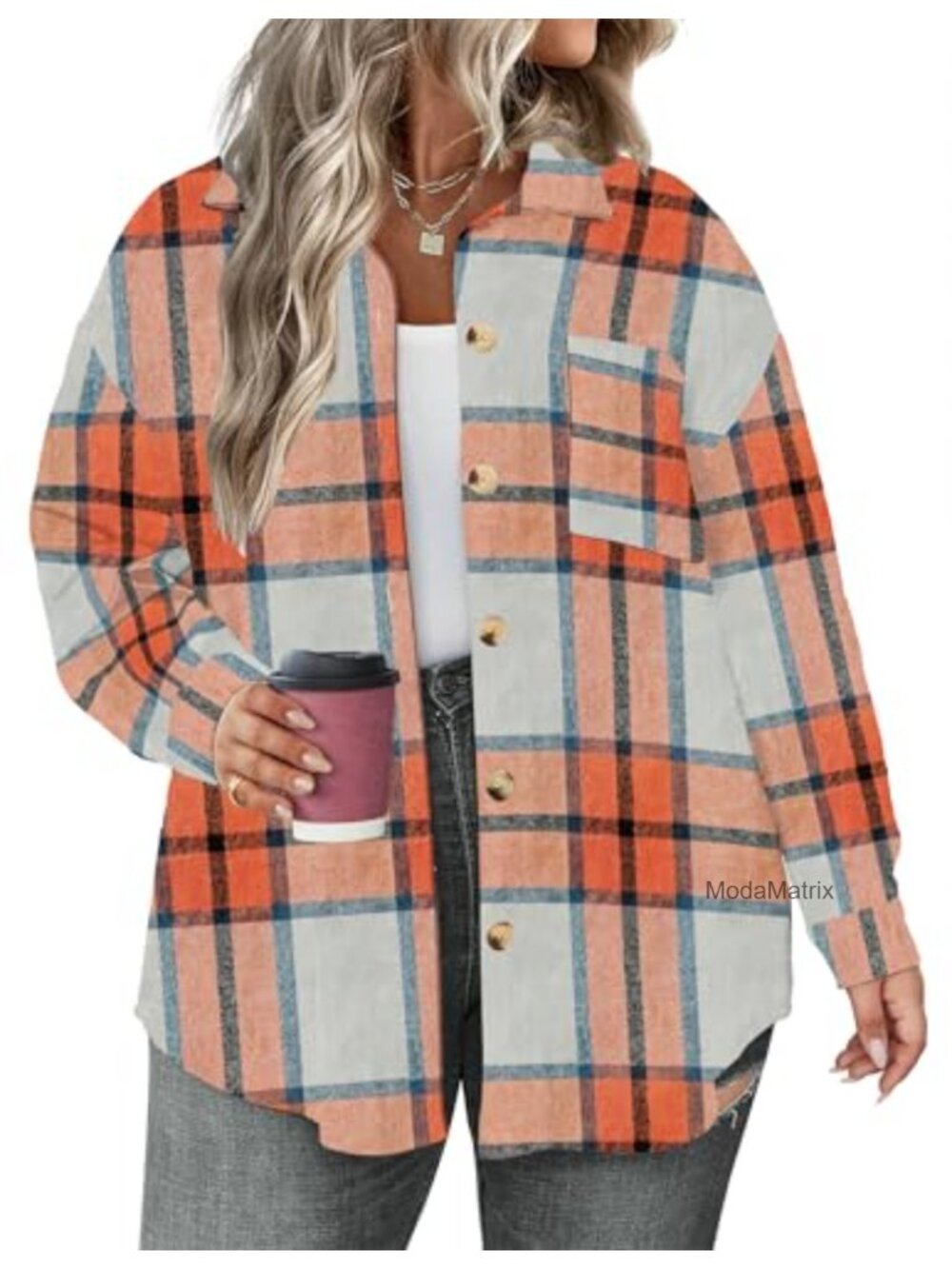 Plus Size Plaid Shacket Flannel Button Down Oversized Shirt Jacket Women